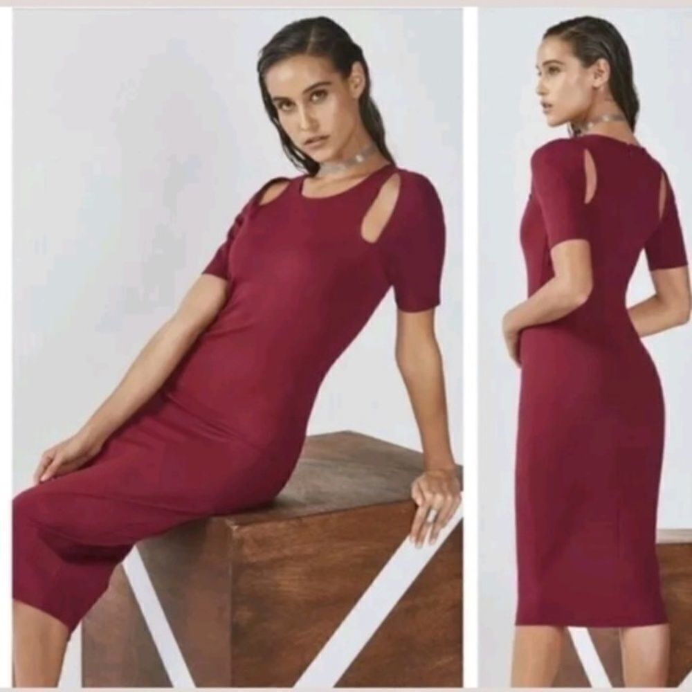 Fabletics Eva Midi Dress Burgundy Cold Shoulder Bodycon Small